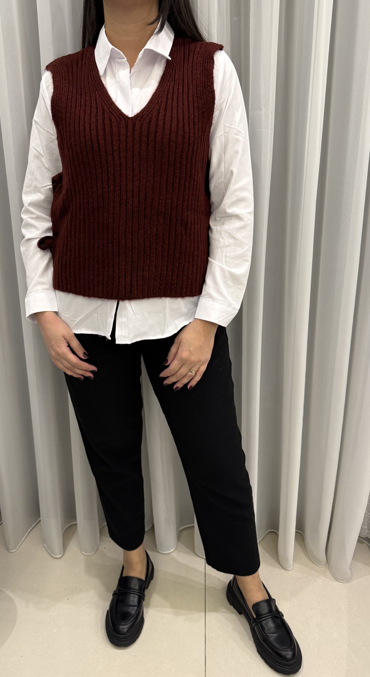 [SET]Draw Sleeve Shirt+Knit Vest Onepiece main image 1