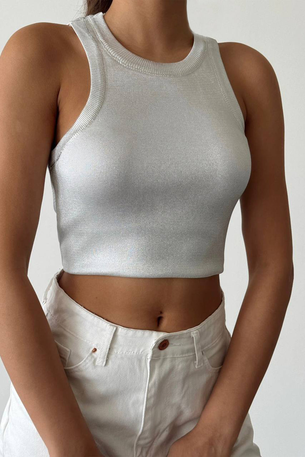 Silver Metallic Slim Cut Crop Top