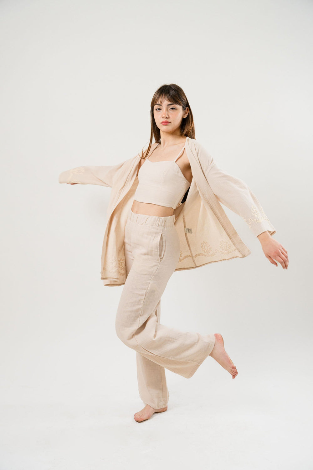 Linen Wide Leg Trouser With Linen Bra Top And Linen Long Cardigan