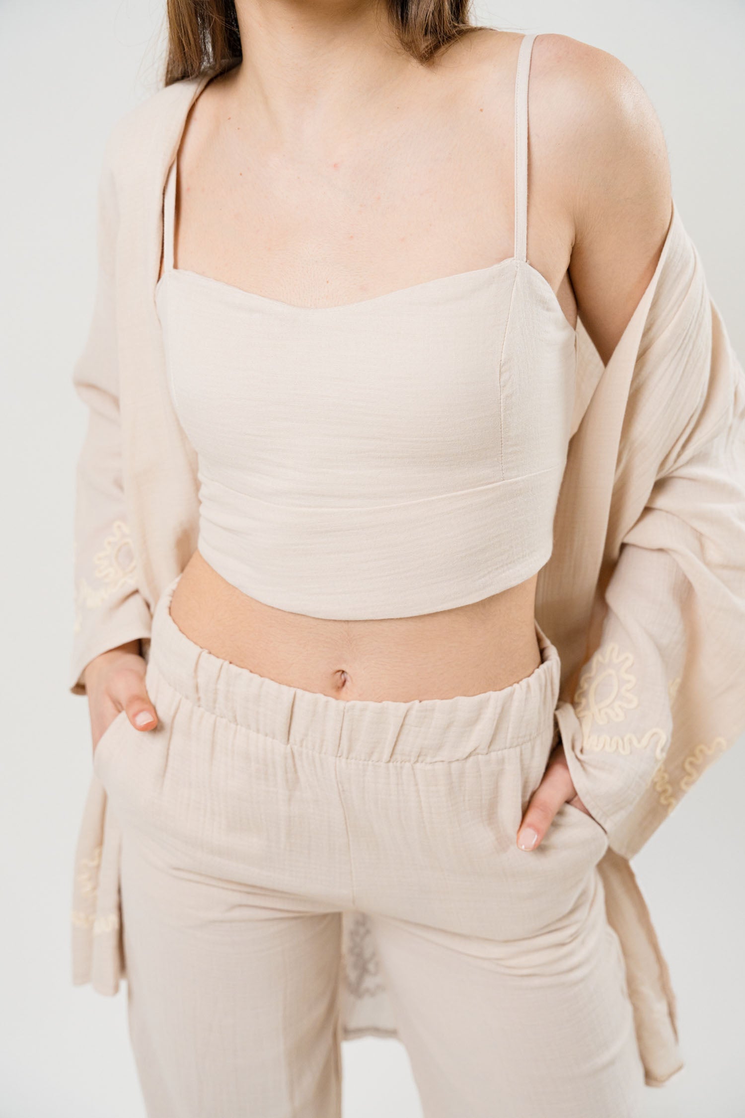 Linen Wide Leg Trouser With Linen Bra Top And Linen Long Cardigan