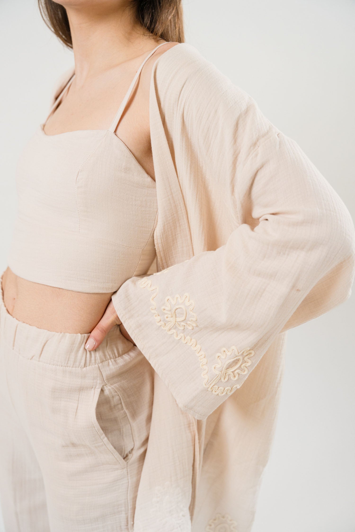 Linen Wide Leg Trouser With Linen Bra Top And Linen Long Cardigan