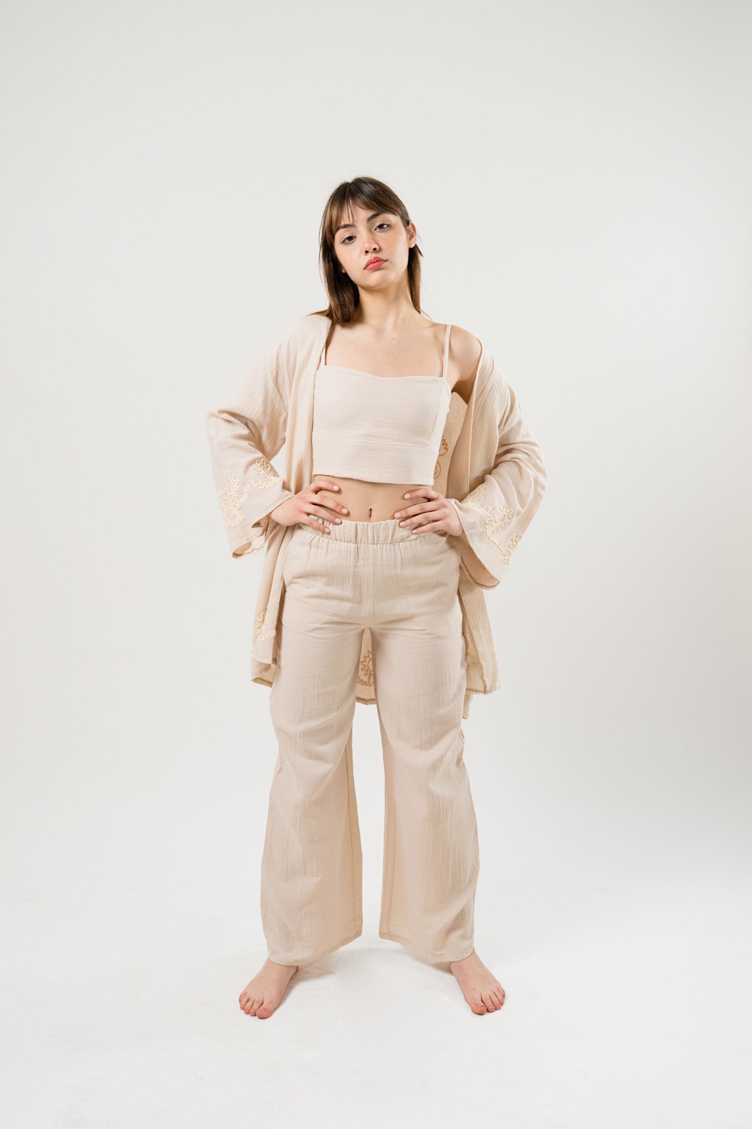 Linen Wide Leg Trouser With Linen Bra Top And Linen Long Cardigan