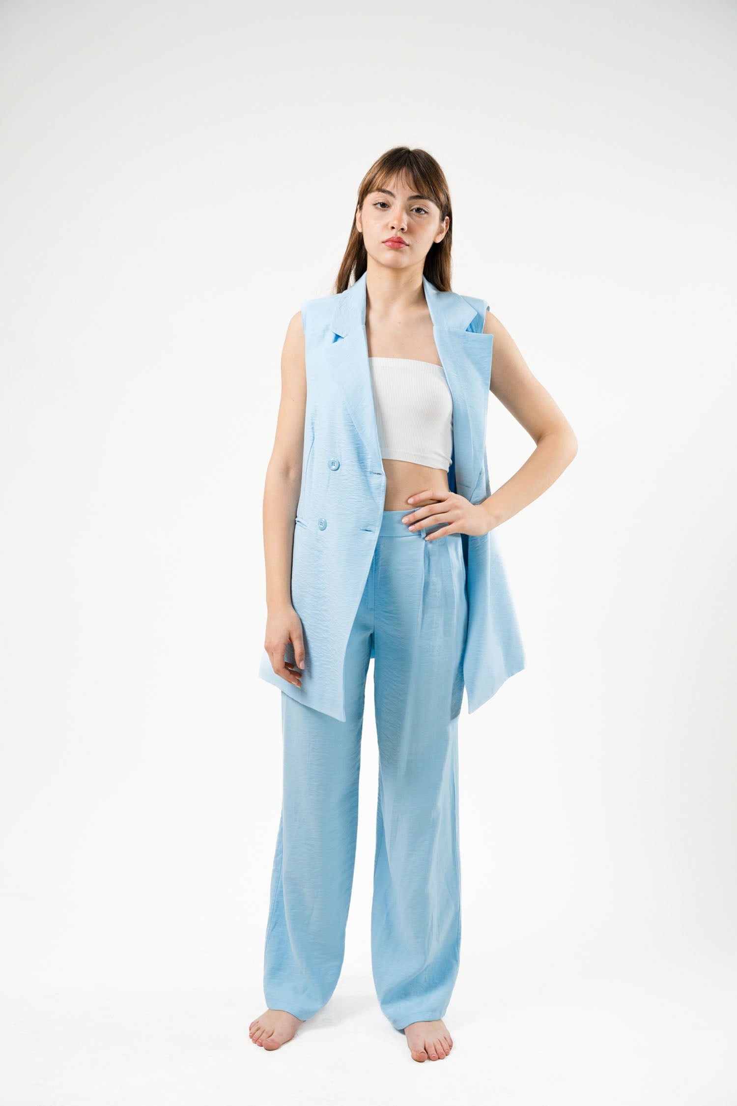 Wide Leg Trousers With  Waistcoat And Tie Belt